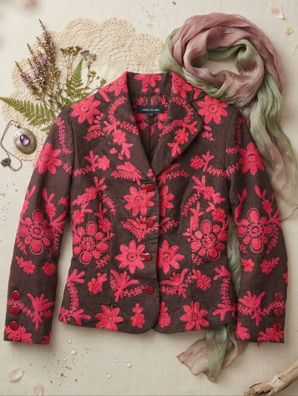 Moda International Brown Pink Embroidered Floral Print Structured Blazer